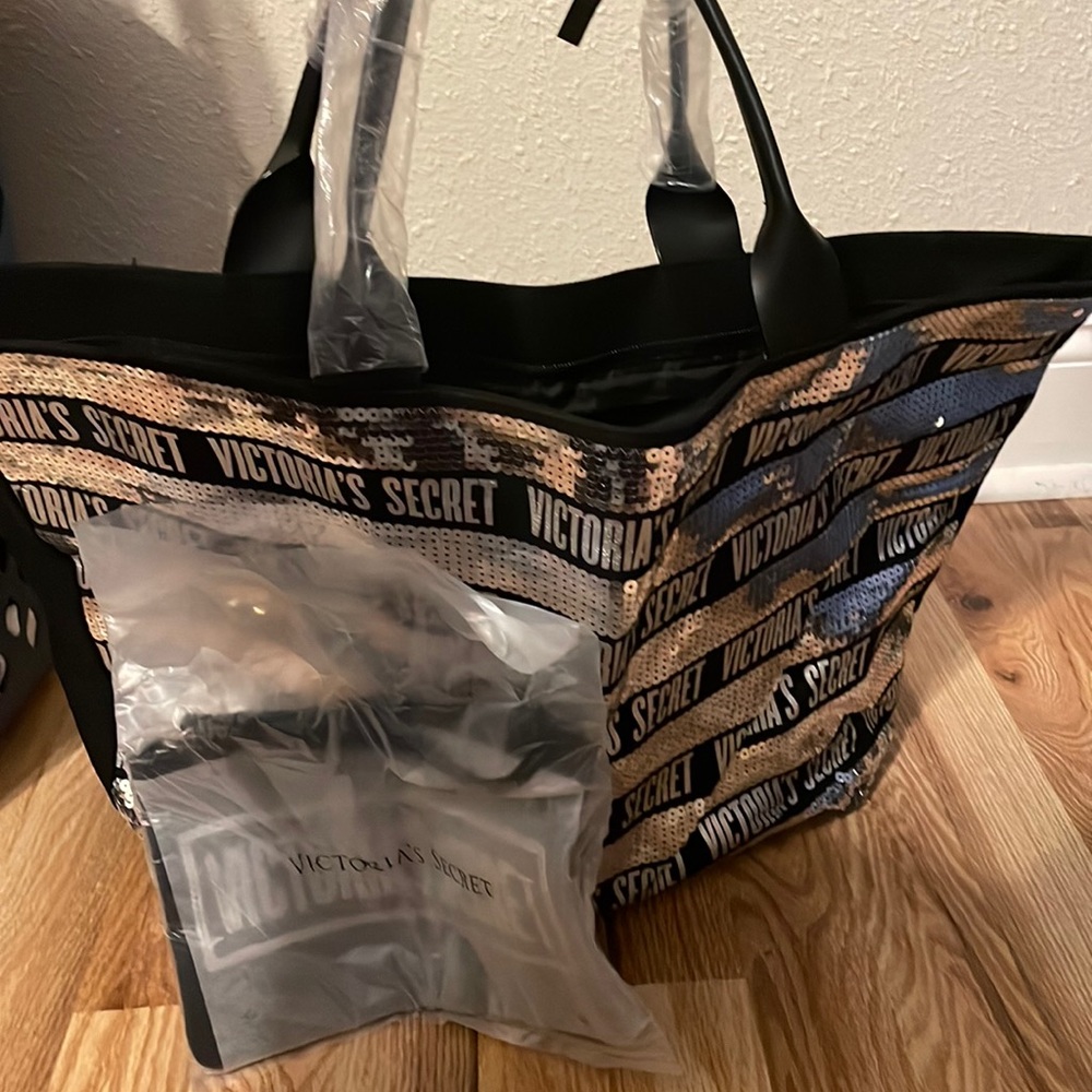 Silver sequin Victoria secret tote with matching zippered wristlet
